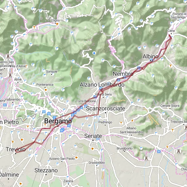 Map miniature of "Scenic Gravel Ride – Treviolo to Alzano Lombardo" cycling inspiration in Lombardia, Italy. Generated by Tarmacs.app cycling route planner