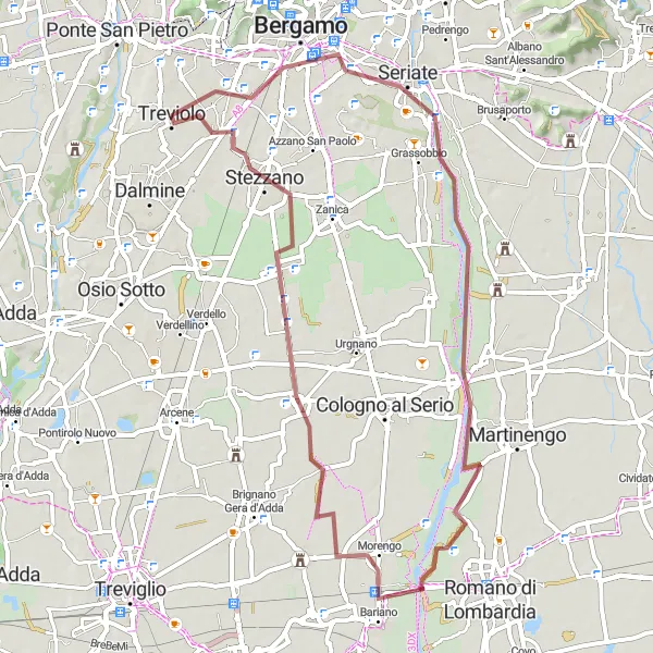 Karttaminiaatyyri "Treviolo - Bergamo - Grassobbio - Muratella - Comun Nuovo" pyöräilyinspiraatiosta alueella Lombardia, Italy. Luotu Tarmacs.app pyöräilyreittisuunnittelijalla