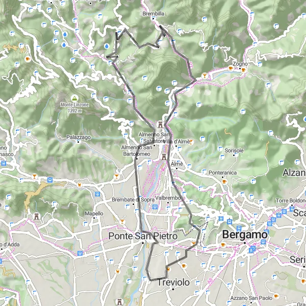 Miniatua del mapa de inspiración ciclista "Ruta de Ciclismo de Carretera Alrededor de Treviolo" en Lombardia, Italy. Generado por Tarmacs.app planificador de rutas ciclistas