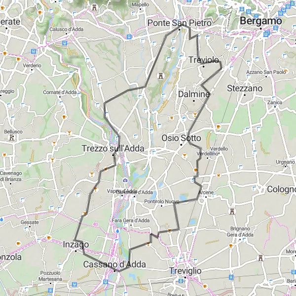 Mapa miniatúra "Okruh cez Ponte San Pietro" cyklistická inšpirácia v Lombardia, Italy. Vygenerované cyklistickým plánovačom trás Tarmacs.app