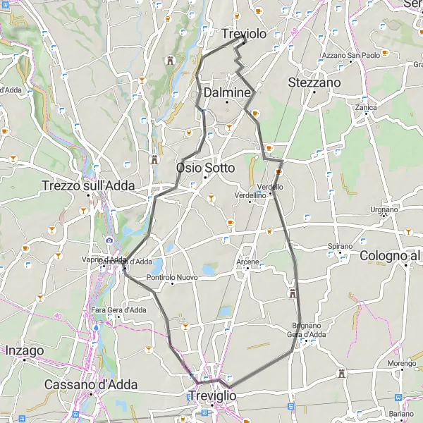 Miniaturní mapa "Zajímavá cyklotrasa okolo Treviolo" inspirace pro cyklisty v oblasti Lombardia, Italy. Vytvořeno pomocí plánovače tras Tarmacs.app