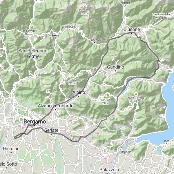 Map miniature of "Bergamo - Colle Bastia - Casnigo - Colle Petta - Clusone - Corno Mailino - Borgo di Terzo - Pizzo di Quaglia - Colle Alto o Colle San Geminiano - Seriate - Treviolo" cycling inspiration in Lombardia, Italy. Generated by Tarmacs.app cycling route planner