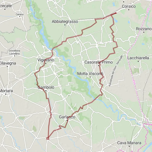 Miniatura della mappa di ispirazione al ciclismo "Percorso in gravel tra Trezzano sul Naviglio e Vigevano" nella regione di Lombardia, Italy. Generata da Tarmacs.app, pianificatore di rotte ciclistiche