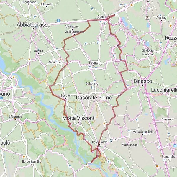 Miniaturní mapa "Gravelový okruh Noviglio-Trovo-Zelata-Gaggiano" inspirace pro cyklisty v oblasti Lombardia, Italy. Vytvořeno pomocí plánovače tras Tarmacs.app
