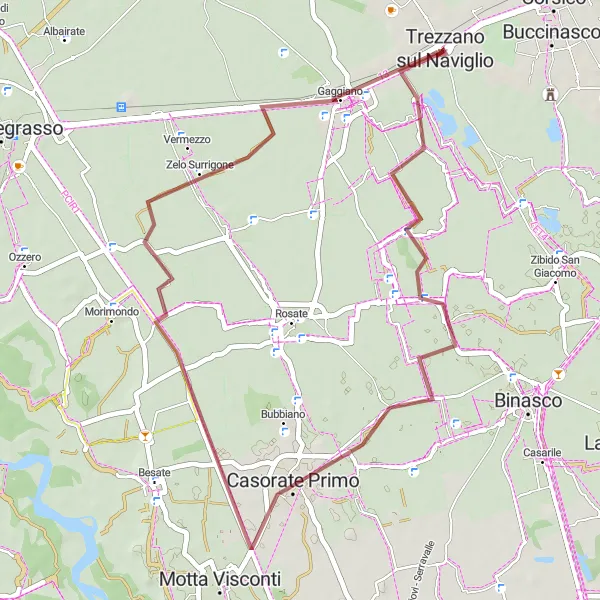 Zemljevid v pomanjšavi "Gorsko kolesarjenje do Trezzano sul Naviglio" kolesarske inspiracije v Lombardia, Italy. Generirano z načrtovalcem kolesarskih poti Tarmacs.app