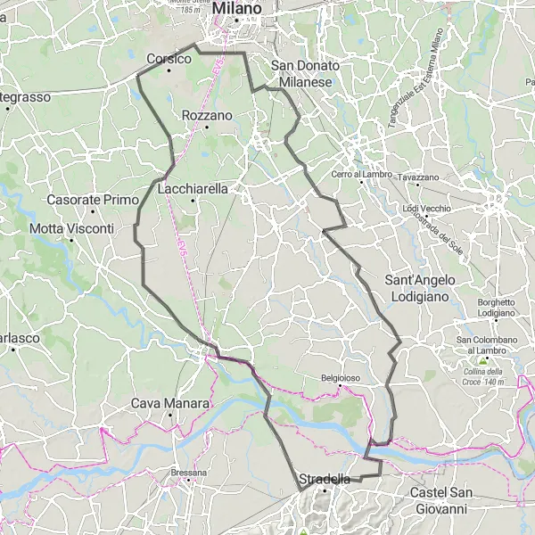 Miniaturní mapa "Road Kolem Pávii a Trezzano sul Naviglio" inspirace pro cyklisty v oblasti Lombardia, Italy. Vytvořeno pomocí plánovače tras Tarmacs.app