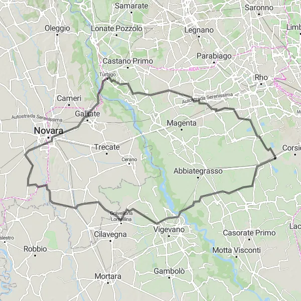 Kartminiatyr av "Lomellina Loop" sykkelinspirasjon i Lombardia, Italy. Generert av Tarmacs.app sykkelrutoplanlegger