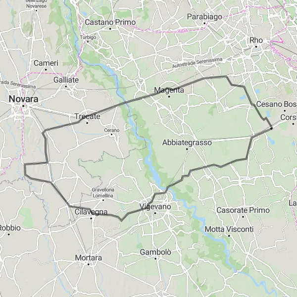 Miniatuurkaart van de fietsinspiratie "Road Route naar Vigevano en Magenta" in Lombardia, Italy. Gemaakt door de Tarmacs.app fietsrouteplanner