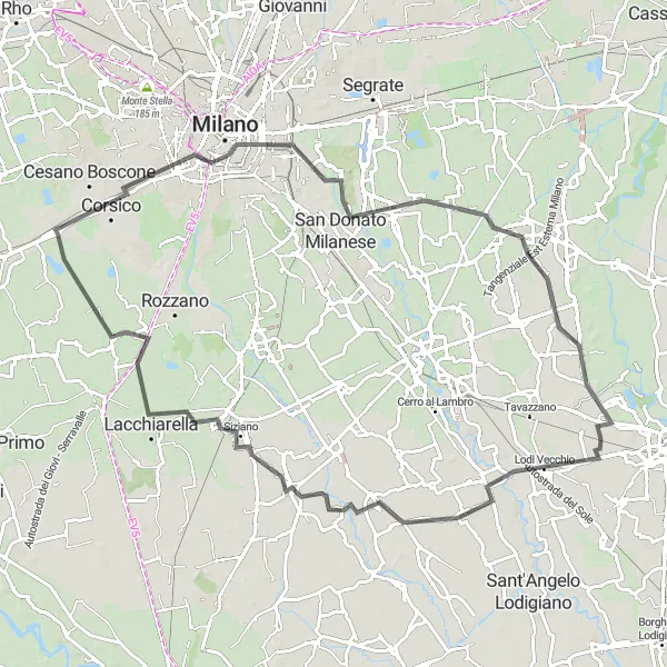 Map miniature of "The Milan Countryside" cycling inspiration in Lombardia, Italy. Generated by Tarmacs.app cycling route planner
