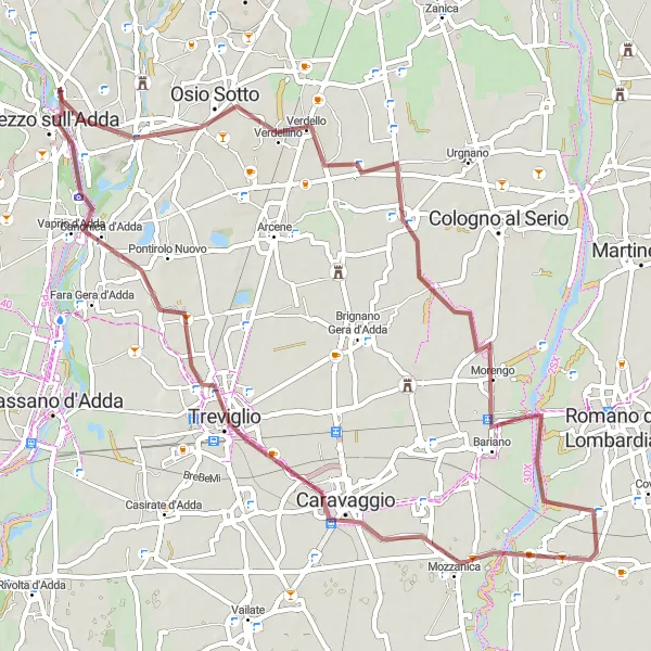 Zemljevid v pomanjšavi "Pustolovščina po makadamskih poteh od Brembate do Crespi d'Adda" kolesarske inspiracije v Lombardia, Italy. Generirano z načrtovalcem kolesarskih poti Tarmacs.app