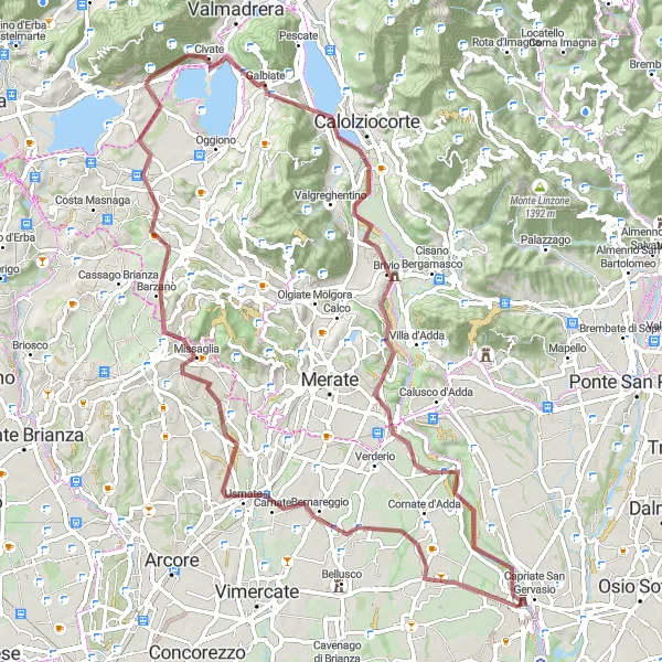 Mapa miniatúra "Gravel Okruh z Trezzo sull'Adda" cyklistická inšpirácia v Lombardia, Italy. Vygenerované cyklistickým plánovačom trás Tarmacs.app