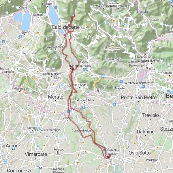 Map miniature of "Monte Pizzetto & Verderio Loop" cycling inspiration in Lombardia, Italy. Generated by Tarmacs.app cycling route planner