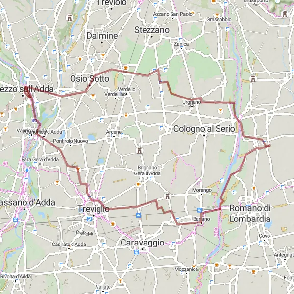 Zemljevid v pomanjšavi "Razburljiva kolesarska pot skozi Brembate in Crespi d'Adda" kolesarske inspiracije v Lombardia, Italy. Generirano z načrtovalcem kolesarskih poti Tarmacs.app