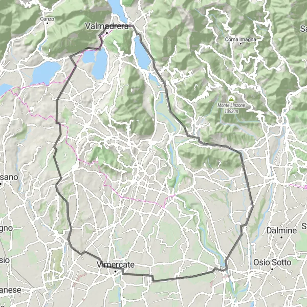 Map miniature of "Trezzo's Great  Classical Cyclorama" cycling inspiration in Lombardia, Italy. Generated by Tarmacs.app cycling route planner