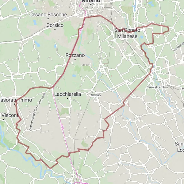 Zemljevid v pomanjšavi "Gravel Ruta Melegnano - Punto di osservazione del canneto" kolesarske inspiracije v Lombardia, Italy. Generirano z načrtovalcem kolesarskih poti Tarmacs.app