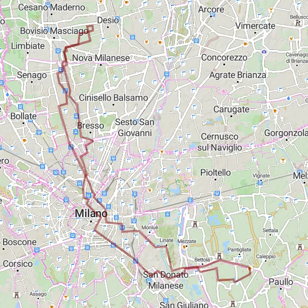 Miniatua del mapa de inspiración ciclista "Ruta de Tribiano a Mombretto por caminos de grava" en Lombardia, Italy. Generado por Tarmacs.app planificador de rutas ciclistas