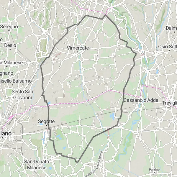 Kartminiatyr av "Rundtur til Cologno Monzese, Arcore, Cornate d'Adda og Settala" sykkelinspirasjon i Lombardia, Italy. Generert av Tarmacs.app sykkelrutoplanlegger