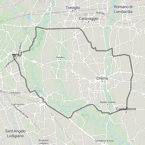 Miniaturní mapa "Lodi Loop Road Cycling Route" inspirace pro cyklisty v oblasti Lombardia, Italy. Vytvořeno pomocí plánovače tras Tarmacs.app