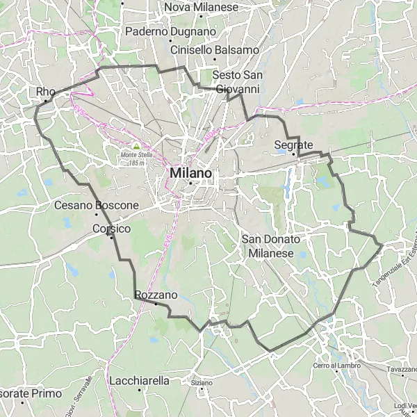 Miniatua del mapa de inspiración ciclista "Ruta de Carretera Melegnano - Rozzano - Corsico - Settimo Milanese - Cormano - Segrate - Pantigliate" en Lombardia, Italy. Generado por Tarmacs.app planificador de rutas ciclistas