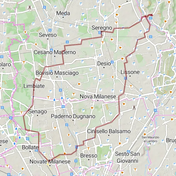 Mapa miniatúra "Gravelový okruh cez Lissone a Seregno" cyklistická inšpirácia v Lombardia, Italy. Vygenerované cyklistickým plánovačom trás Tarmacs.app