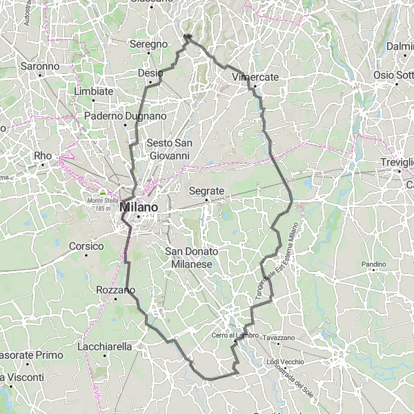 Mapa miniatúra "Kopcovitá cesta cez Branca Tower a Sovico" cyklistická inšpirácia v Lombardia, Italy. Vygenerované cyklistickým plánovačom trás Tarmacs.app