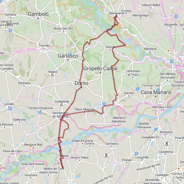 Kartminiatyr av "Grusveien til Zerbolò og Cascina Moretta" sykkelinspirasjon i Lombardia, Italy. Generert av Tarmacs.app sykkelrutoplanlegger