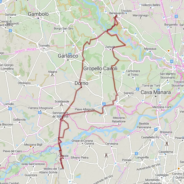 Mapa miniatúra "Gravel trasa okolo Zerbolò a Dorno" cyklistická inšpirácia v Lombardia, Italy. Vygenerované cyklistickým plánovačom trás Tarmacs.app