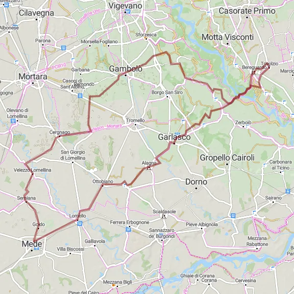 Mapa miniatúra "Gravelový okruh z Trivolzia" cyklistická inšpirácia v Lombardia, Italy. Vygenerované cyklistickým plánovačom trás Tarmacs.app