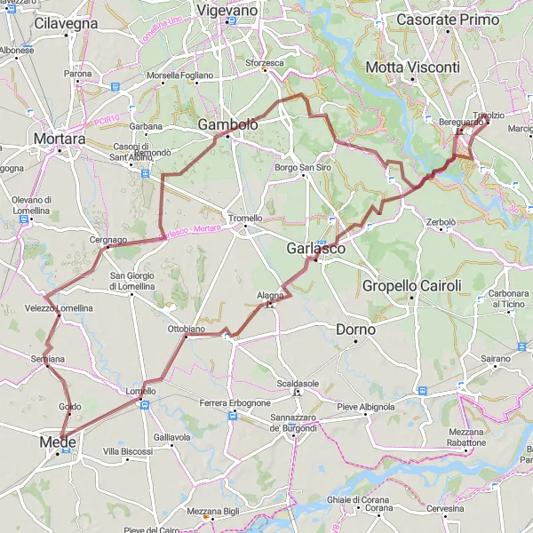 Miniaturní mapa "Gravelová cyklotrasa kolem Trivolzia" inspirace pro cyklisty v oblasti Lombardia, Italy. Vytvořeno pomocí plánovače tras Tarmacs.app