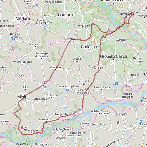 Mapa miniatúra "Gravel Morianino okolo Trivolzia" cyklistická inšpirácia v Lombardia, Italy. Vygenerované cyklistickým plánovačom trás Tarmacs.app