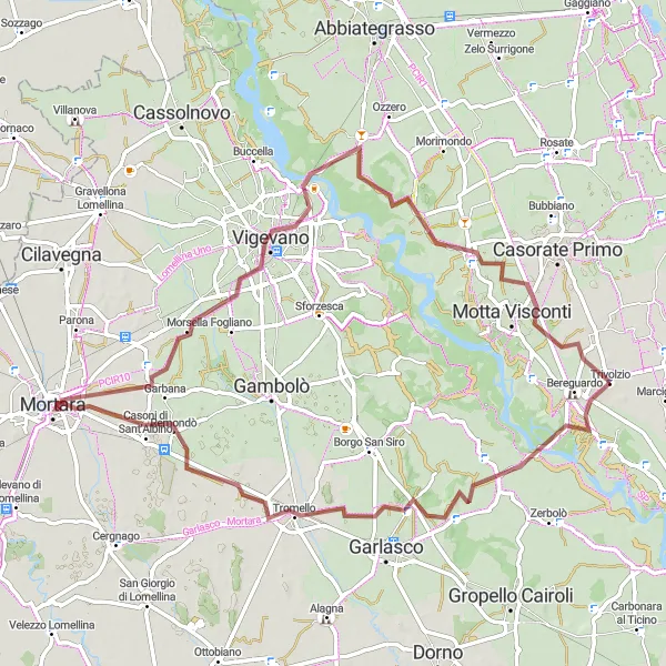 Zemljevid v pomanjšavi "Gravel Rekreacijska tura okoli Trivolzia" kolesarske inspiracije v Lombardia, Italy. Generirano z načrtovalcem kolesarskih poti Tarmacs.app