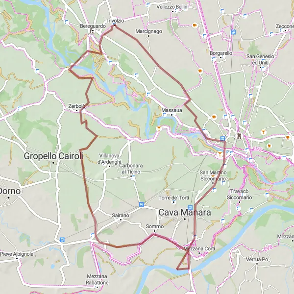 Mapa miniatúra "Gravel trasa cez Paviu a Zerbolò" cyklistická inšpirácia v Lombardia, Italy. Vygenerované cyklistickým plánovačom trás Tarmacs.app
