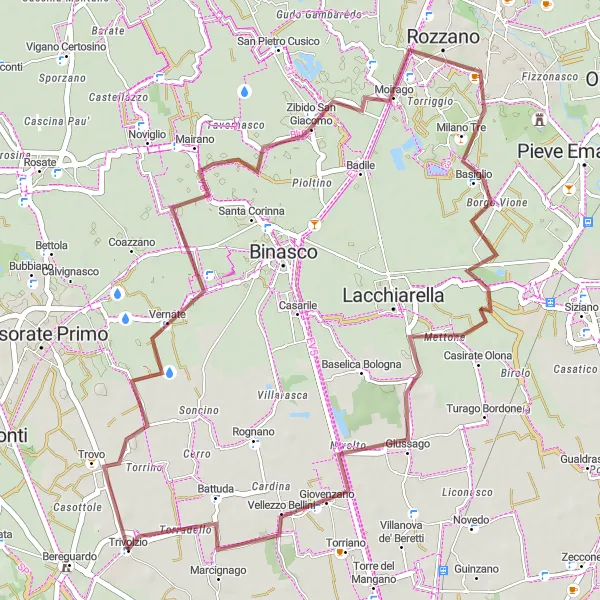 Miniatura della mappa di ispirazione al ciclismo "Gravel Route around Trivolzio" nella regione di Lombardia, Italy. Generata da Tarmacs.app, pianificatore di rotte ciclistiche