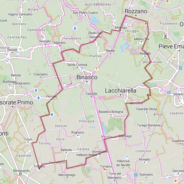 Karttaminiaatyyri "Trivolzio - Trovo - Rozzano Gravel Loop" pyöräilyinspiraatiosta alueella Lombardia, Italy. Luotu Tarmacs.app pyöräilyreittisuunnittelijalla