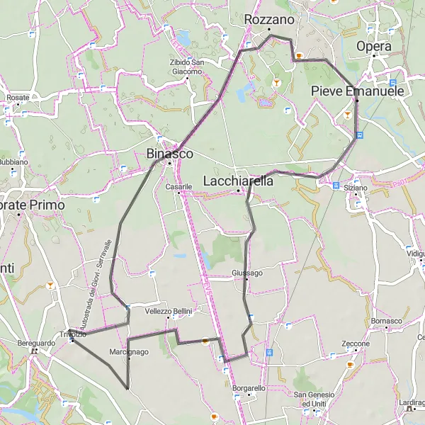 Miniatua del mapa de inspiración ciclista "Ruta a Rozzano y Lacchiarella" en Lombardia, Italy. Generado por Tarmacs.app planificador de rutas ciclistas