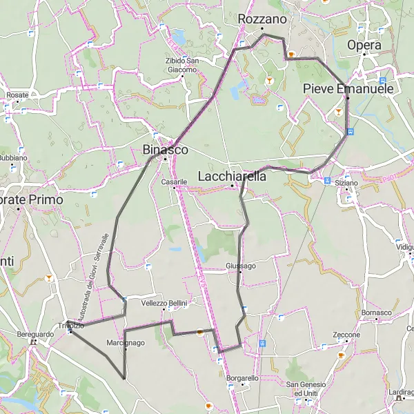 Miniatuurkaart van de fietsinspiratie "Short roadroute naar Lacchiarella" in Lombardia, Italy. Gemaakt door de Tarmacs.app fietsrouteplanner