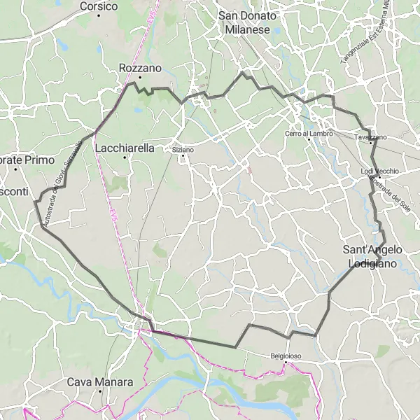 Karttaminiaatyyri "Lodi Vecchio to Pavia Loop" pyöräilyinspiraatiosta alueella Lombardia, Italy. Luotu Tarmacs.app pyöräilyreittisuunnittelijalla