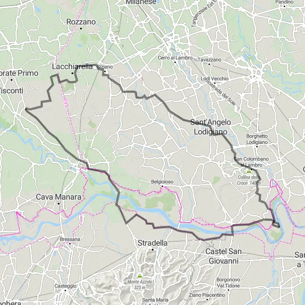 Miniatura mapy "Trasa Szosowa Casarile-Siziano-Sant'Angelo Lodigiano-Collina della Croce-San Colombano al Lambro-Pavia" - trasy rowerowej w Lombardia, Italy. Wygenerowane przez planer tras rowerowych Tarmacs.app