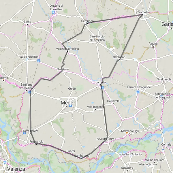 Miniatua del mapa de inspiración ciclista "Ruta en Carretera a Pieve del Cairo y Tromello" en Lombardia, Italy. Generado por Tarmacs.app planificador de rutas ciclistas