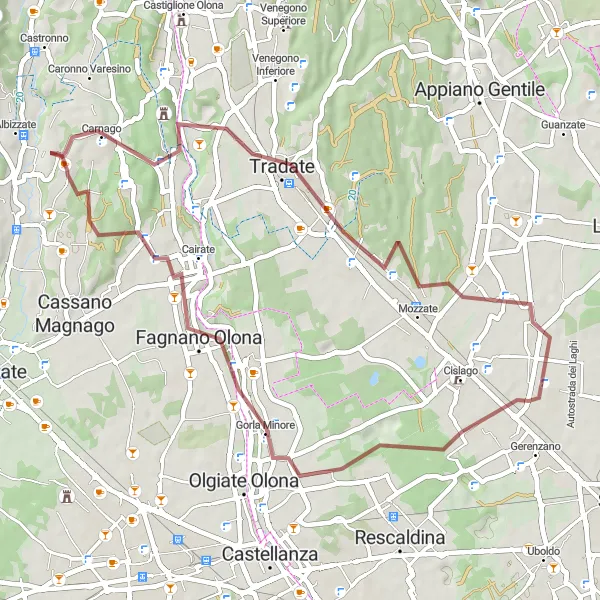 Map miniature of "Fagnano Olona and Tradate Gravel Adventure" cycling inspiration in Lombardia, Italy. Generated by Tarmacs.app cycling route planner