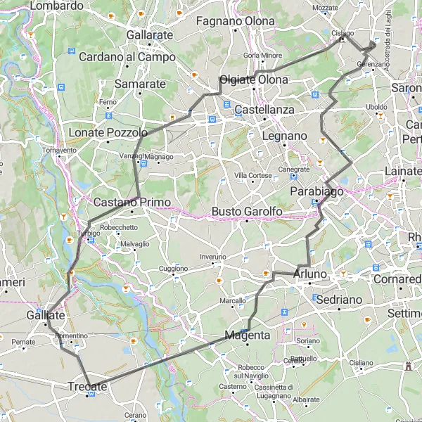Miniatura della mappa di ispirazione al ciclismo "Tour tra Parabiago e Cislago" nella regione di Lombardia, Italy. Generata da Tarmacs.app, pianificatore di rotte ciclistiche