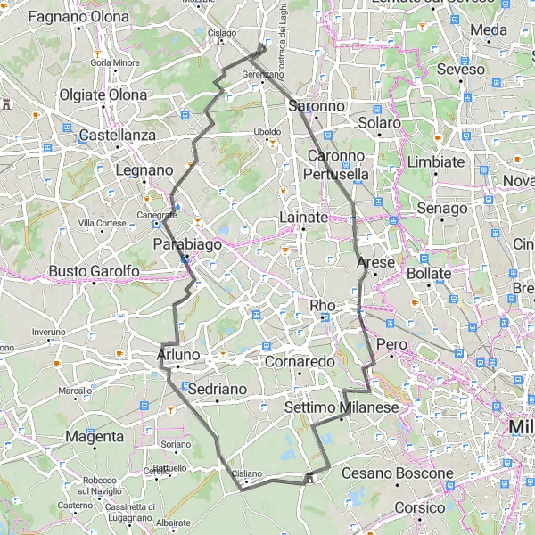 Miniaturní mapa "Trasa skrz Arese a Castellazzo de' Stampi" inspirace pro cyklisty v oblasti Lombardia, Italy. Vytvořeno pomocí plánovače tras Tarmacs.app