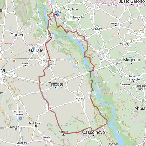 Map miniature of "The Gravel Adventure around Turbigo" cycling inspiration in Lombardia, Italy. Generated by Tarmacs.app cycling route planner