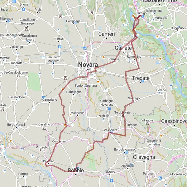 Miniatua del mapa de inspiración ciclista "Ruta de ciclismo de grava de Romentino a Turbigo" en Lombardia, Italy. Generado por Tarmacs.app planificador de rutas ciclistas