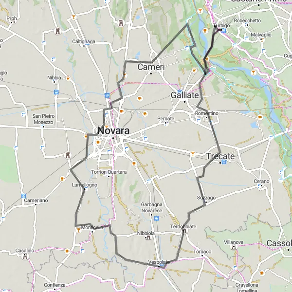 Kartminiatyr av "Lombardia Kretsløp via Trecate, Vespolate og Cameri" sykkelinspirasjon i Lombardia, Italy. Generert av Tarmacs.app sykkelrutoplanlegger