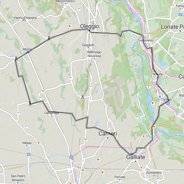 Map miniature of "Turbigo and Oleggio Road Loop" cycling inspiration in Lombardia, Italy. Generated by Tarmacs.app cycling route planner