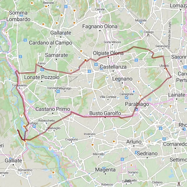 Map miniature of "Cycling through Uboldo and its Surrounding Towns" cycling inspiration in Lombardia, Italy. Generated by Tarmacs.app cycling route planner