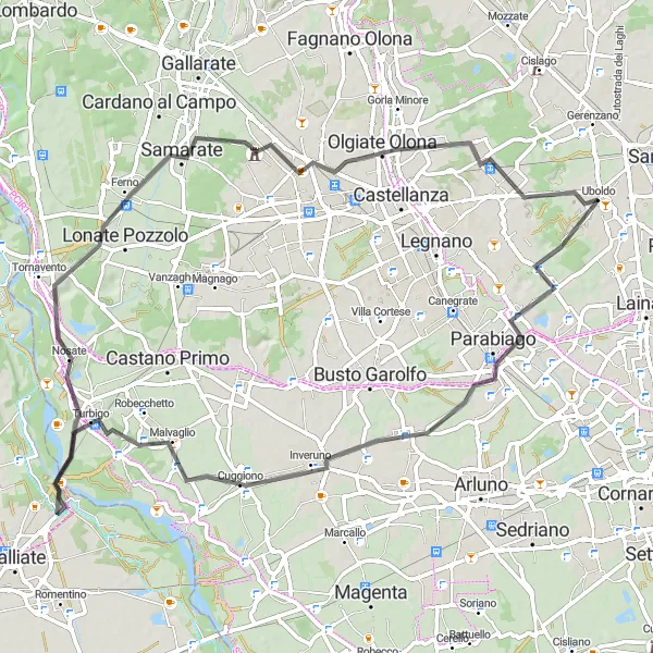 Miniatura della mappa di ispirazione al ciclismo "Esplorazione delle Campagne tra Nerviano e Uboldo" nella regione di Lombardia, Italy. Generata da Tarmacs.app, pianificatore di rotte ciclistiche