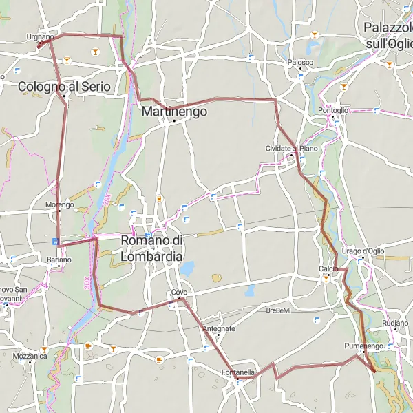 Miniatua del mapa de inspiración ciclista "Ruta de ciclismo de gravel cerca de Urgnano" en Lombardia, Italy. Generado por Tarmacs.app planificador de rutas ciclistas