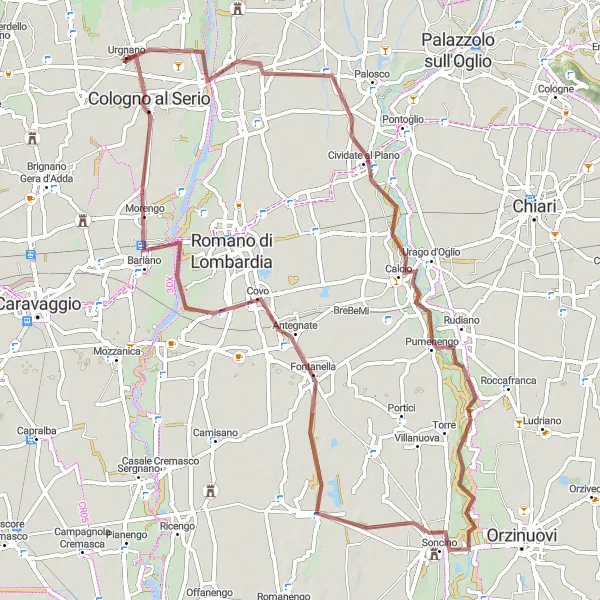 Map miniature of "Urgnano Scenic Gravel Round-Trip Route" cycling inspiration in Lombardia, Italy. Generated by Tarmacs.app cycling route planner